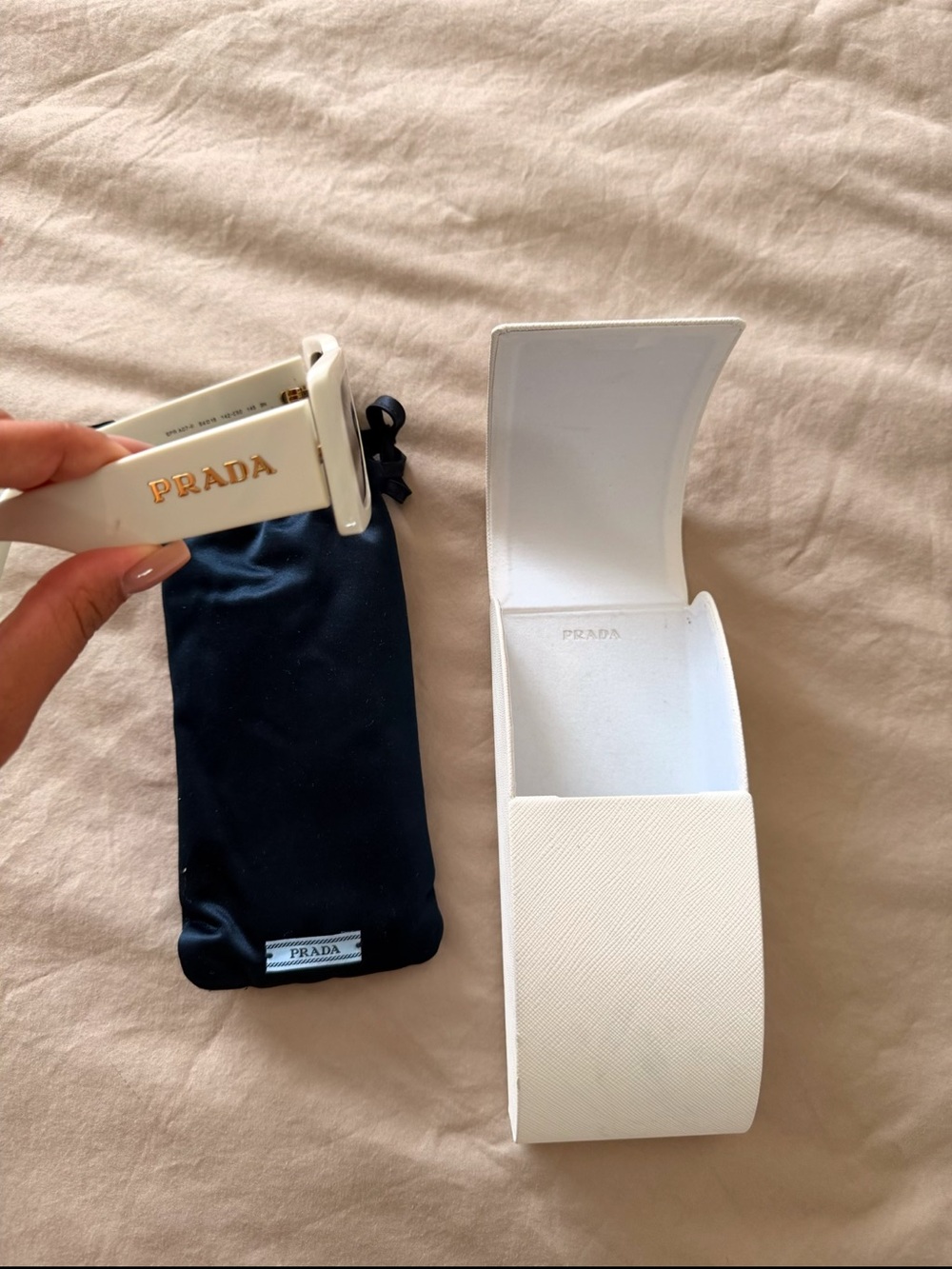 Prada White Sunglasses Case with Gold Logo and Navy Pouch